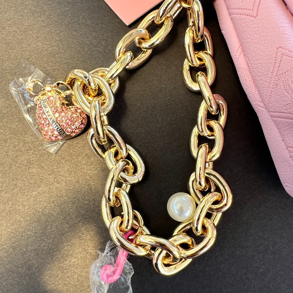 Juicy Couture Pink Monogram Clutch Bag Wristlet Purse‎ Gold Chain Charm Y2K Soft - Picture 4 of 9